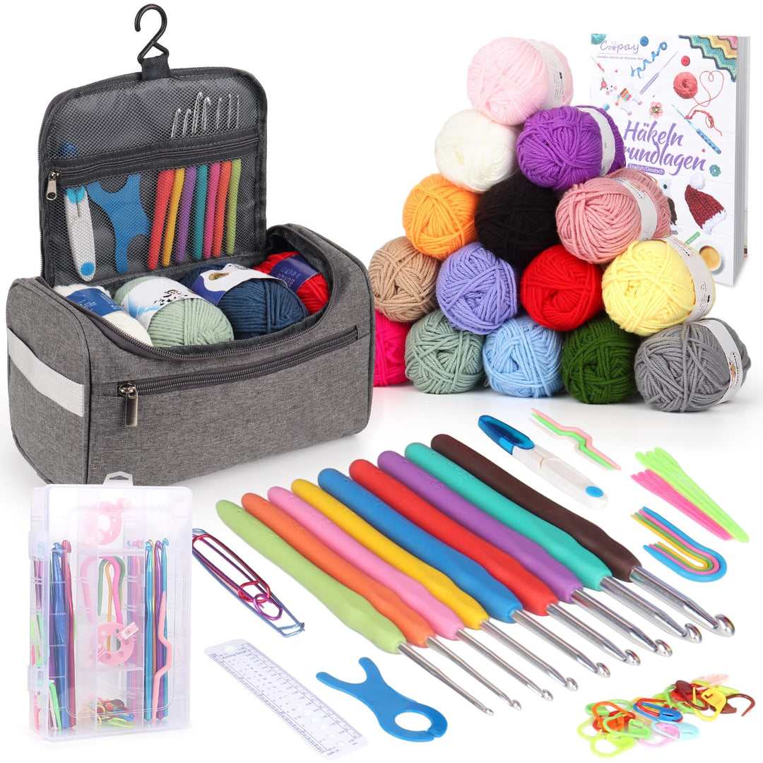 Coopay Tragbar Häkelset für Anfänger, Häkelnadel Set mit 15 Wolle, Tasche, Häkelzubehör, Ergonomisch
