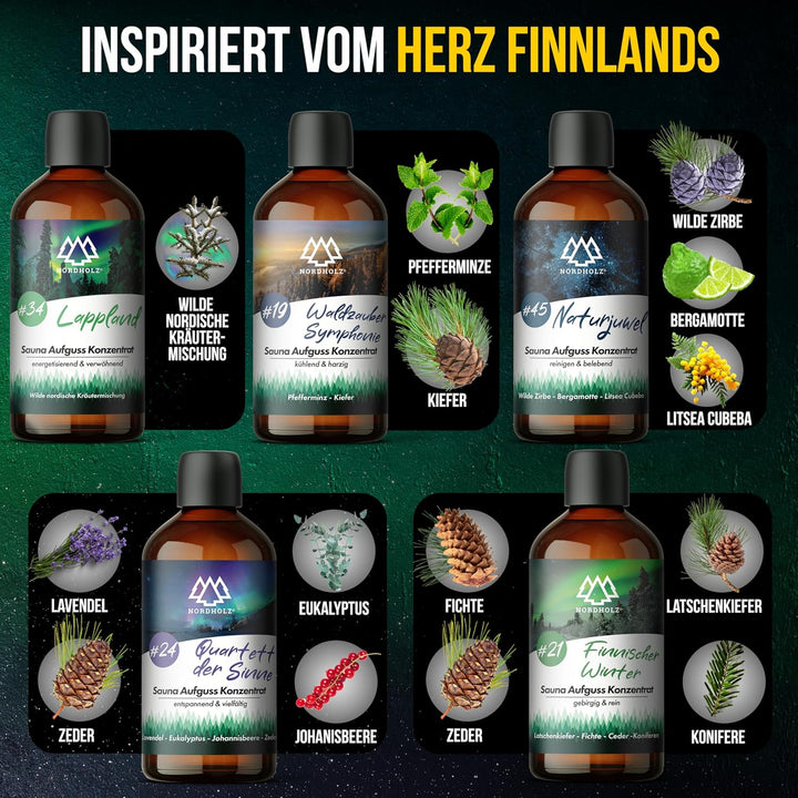 Saunaaufguss Set - [5x100ml Finnische Reise] besonderes &amp; natürliches Sauna Aufgussmittel - intensiv
