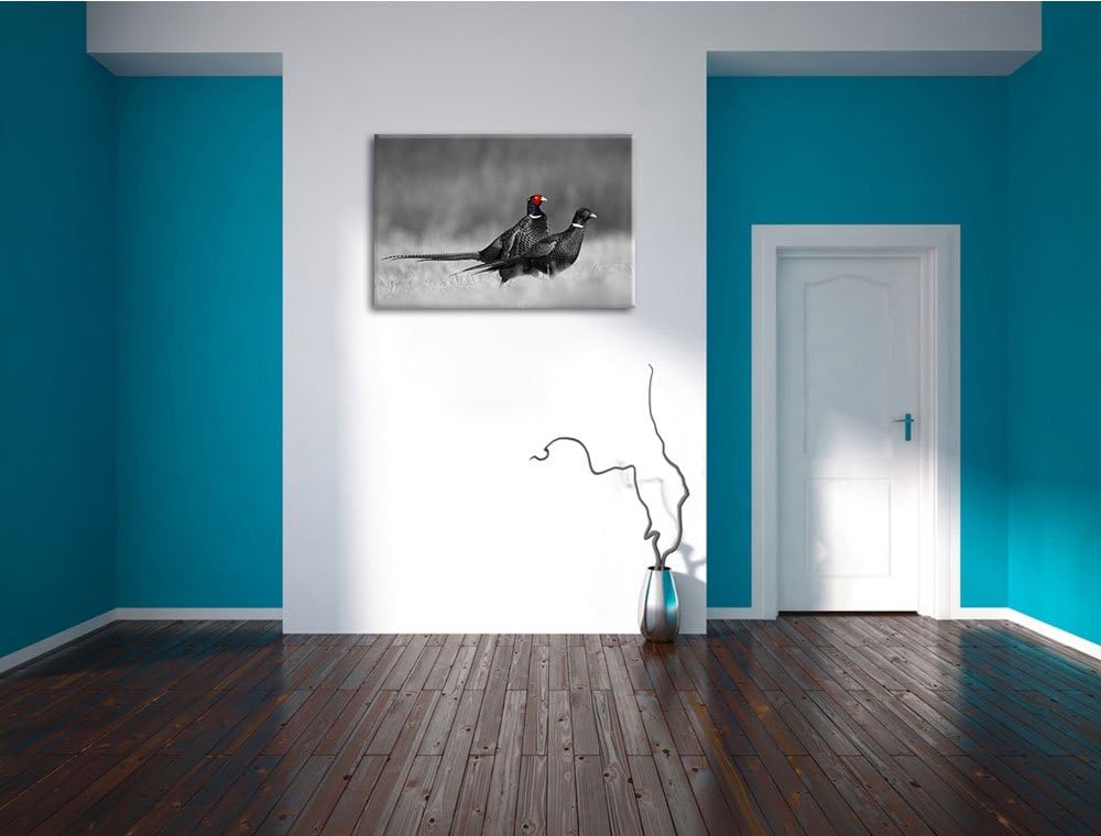 zwei Fasane auf Wiese schwarz/weiss Format: 100x70 auf Leinwand, XXL riesige Bilder fertig gerahmt m