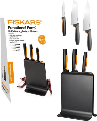 Fiskars Design-Messerblock mit 3 Messern, Functional Form, Inklusive Gemüsemesser, Santoku Kochmesse