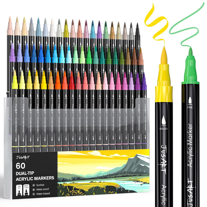 JusArt 60 Acrylstifte mit Doppelspitze, Pinsel und feine Spitze, Acrylic Marker Wasserfest, Premium-