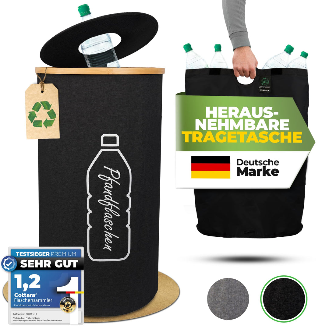 COTTARA® Pfandflaschen Sammelbehälter mit Deckel inkl. Tragetasche | Pfandbehälter mit Einwurf | Ide