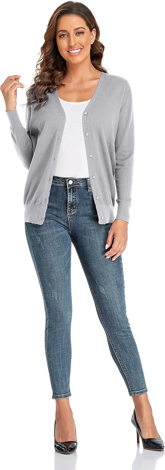 CUNYI Strickjacke für Damen Pullover mit V-Ausschnitt, S Hellgrau