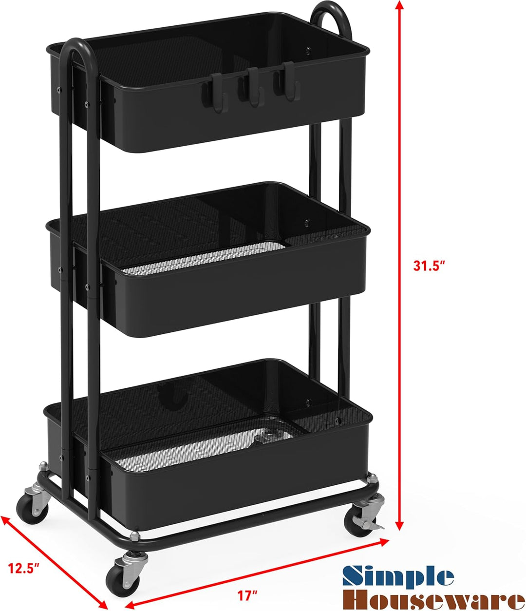 Simple Houseware Hochleistungs-Rollwagen mit 3 Ebenen aus Metall, Schwarz, Schwarz