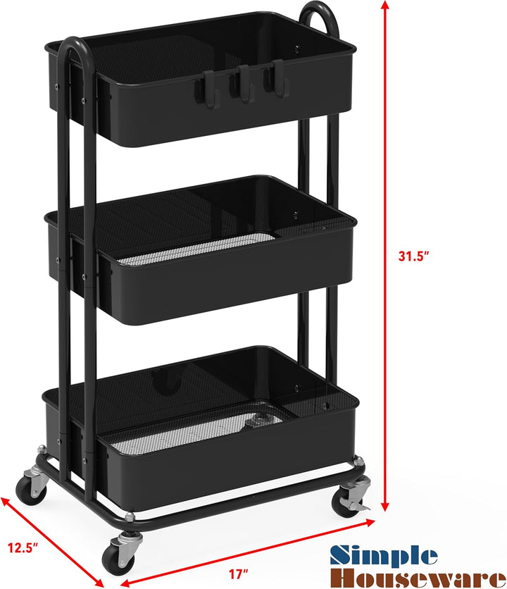 Simple Houseware Hochleistungs-Rollwagen mit 3 Ebenen aus Metall, Schwarz, Schwarz