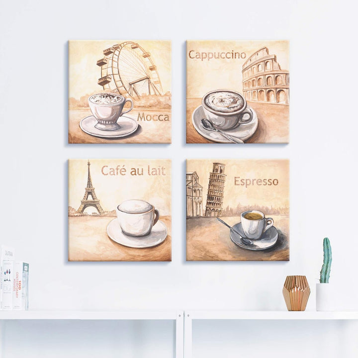 ARTLAND Wanddeko Küchenbilder Leinwand Bilder Set 4 teilig je 30x30 cm Quadratisch Kaffee Bilder Cap