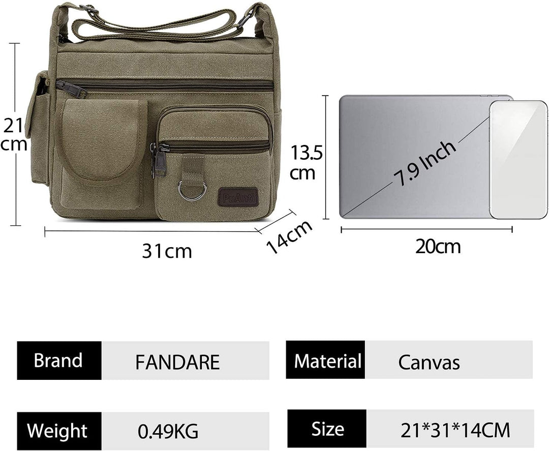 FANDARE Umhängetasche Schultertasche 7.9 inch iPad Tasche Unisex Vintage Canvas Messenger Tasche für