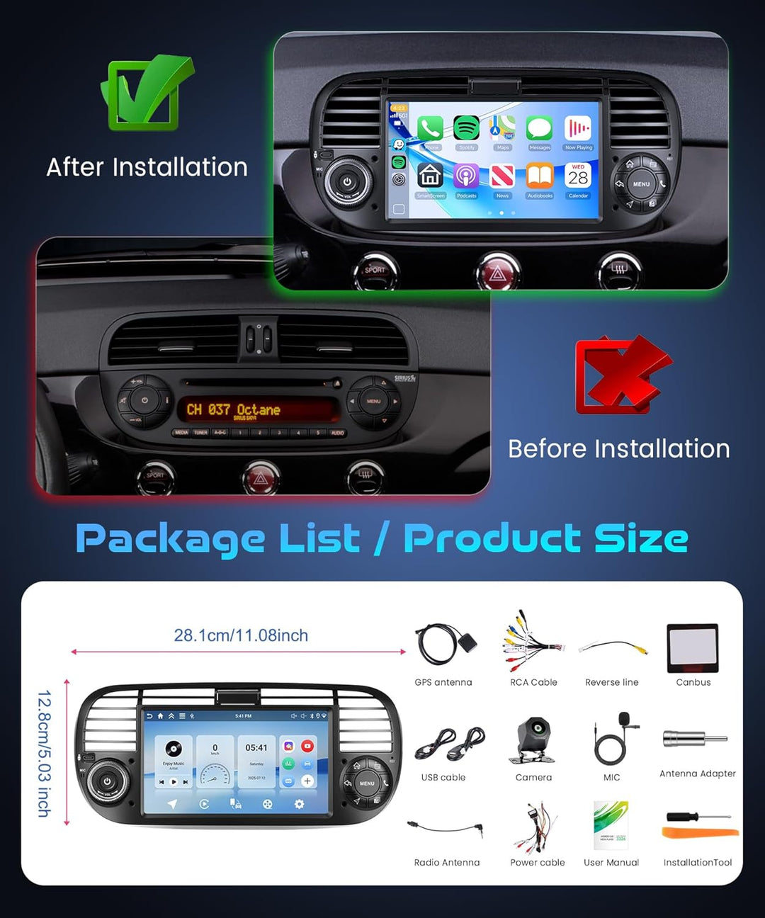 Rimoody 4G+128G Android Autoradio für FIAT 500 2007-2015, 7 Zoll IN-Cell HD Wireless Carplay Autorad