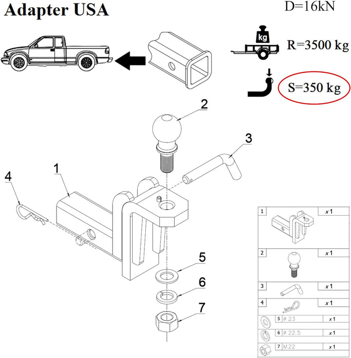 XIMPLIO AHK-Einschub US-Adapter für US-Fahrzeuge Vierkantrohraufnahme (Receiver) 2 Zoll - 51x51mm (H