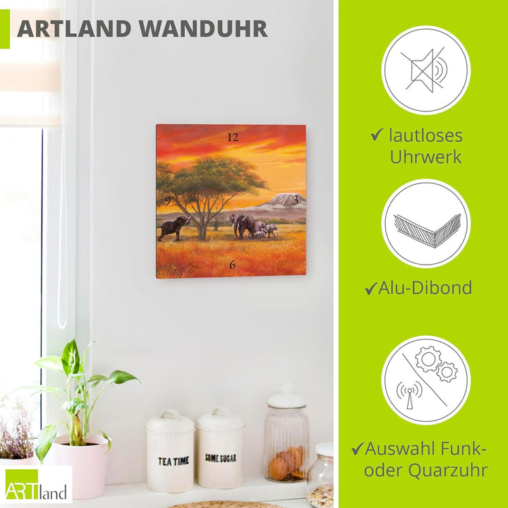 ARTLAND Wanduhr ohne Tickgeräusche Leinwand Quarzuhr 30x30 cm Quadratisch Lautlos Afrika Safari Tier