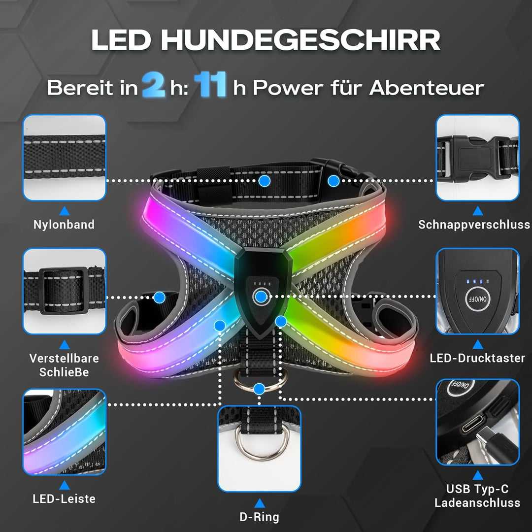 LED Hundegeschirr Set, mit 1,5m Reflektierende Hundeleine, Verstellbare Aufladbares Beleuchtetes Hun