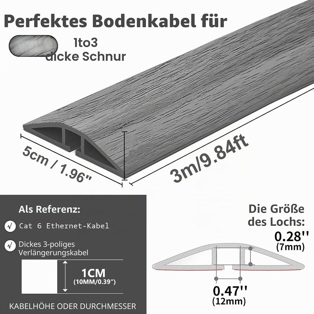 Flexibler Klein Kabelkanal, Selbstklebend Boden Kabelbrücke, 3.0M x 5cm Flexibler Kabelabdeckung Kab