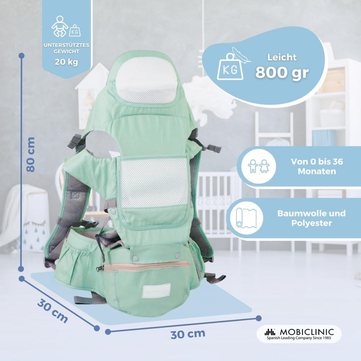 Mobiclinic® kids, Babytrage, 6 in 1, Moley, Mehrpositionale, Faltbar, Reissverschlusstasche, Flasche