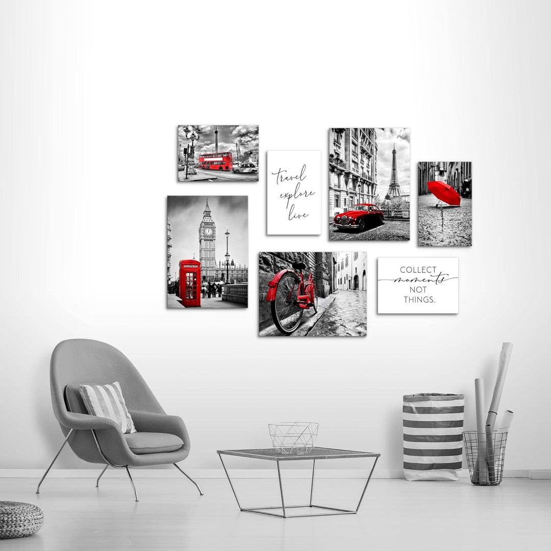 Novart Wandbilder London Paris Städte - KOMPLETT AUFHÄNGFERTIG - Schwarz Rot Wohnzimmer Schlafzimmer