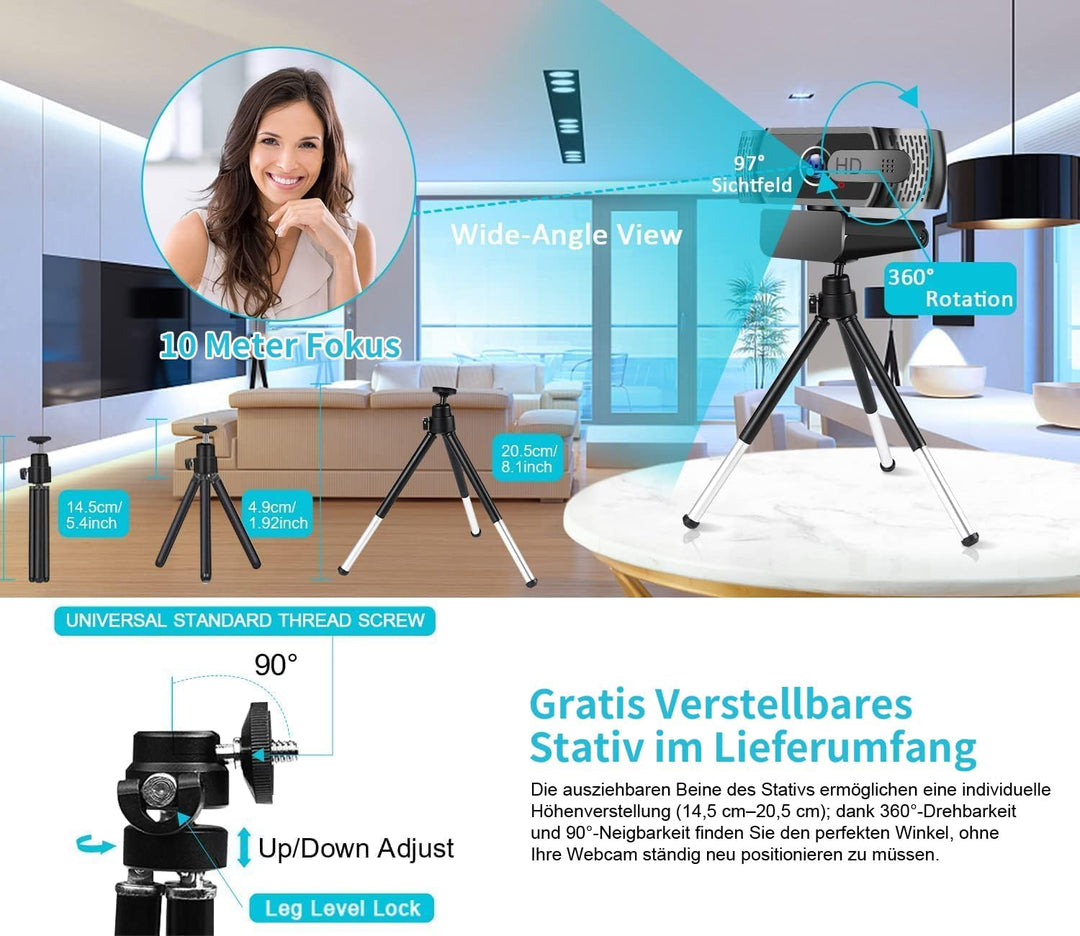 Full HD1080P Webcam mit Mikrofon und Stativ, Automatischer Lichtkorrektur, Neefeaer USB PC Webcam mi