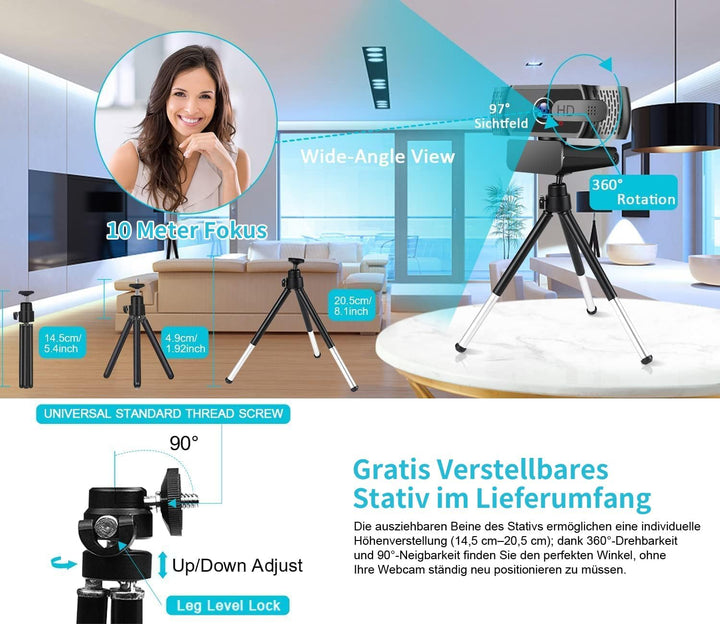 Full HD1080P Webcam mit Mikrofon und Stativ, Automatischer Lichtkorrektur, Neefeaer USB PC Webcam mi