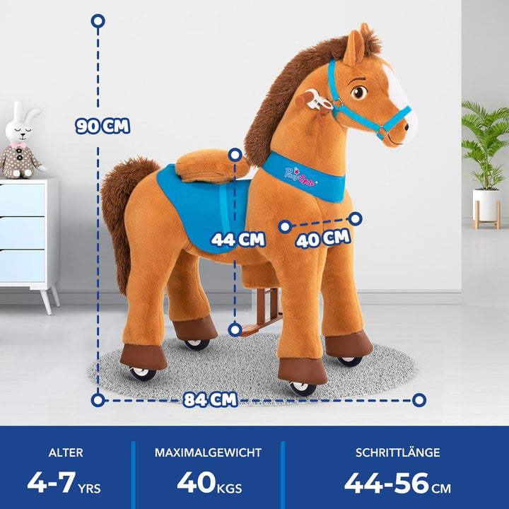PonyCycle Pferd zum reiten, für Kinder 4–7 Jahre, 90cm Hoch, Reitpferd auf Rollen mit Handbremse, Sc