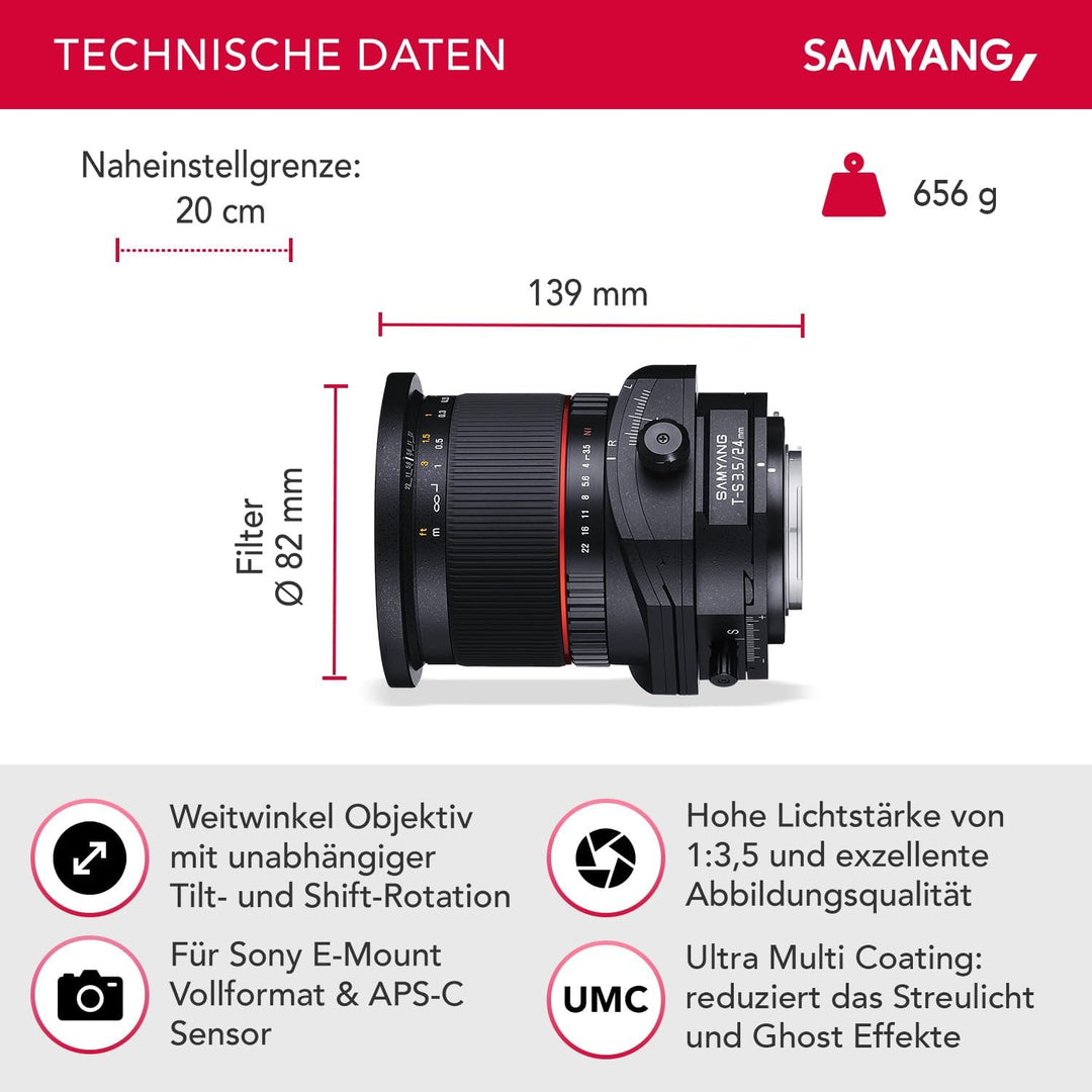 Samyang MF 24mm F3,5 T/S für Sony E - Tilt Shift Vollformat & APS-C Weitwinkel Objektiv, manueller F