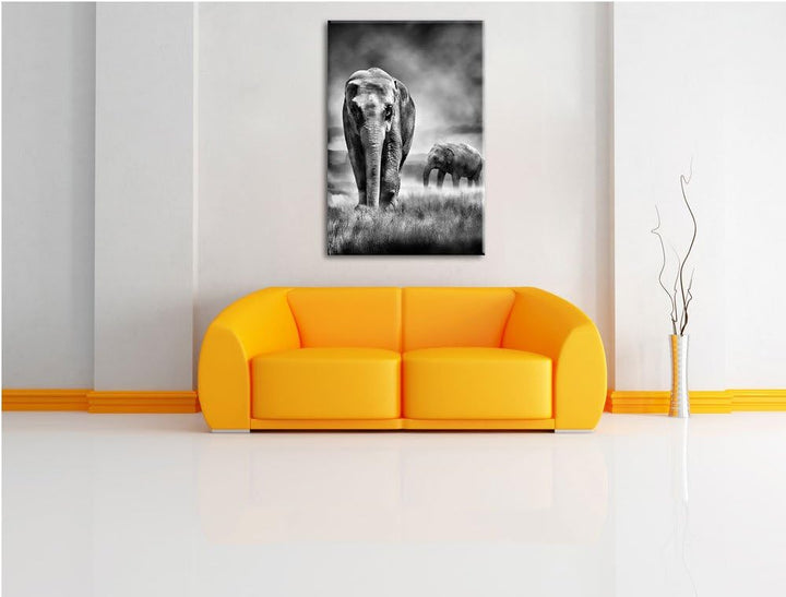 Monocrome, Prächtige Elefanten in Steppe, Format: 100x70 auf Leinwand, 100x70