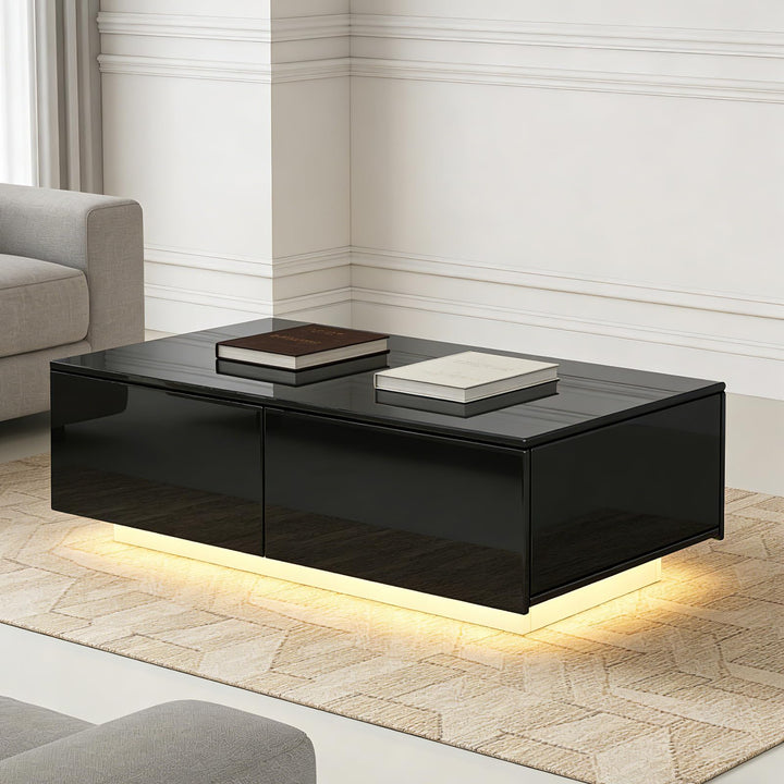 Couchtisch Schwarz Hochglanz mit 16 Farben LED, Dimmbare Beleuchtung, Moderner Wohnzimmertisch mit 4