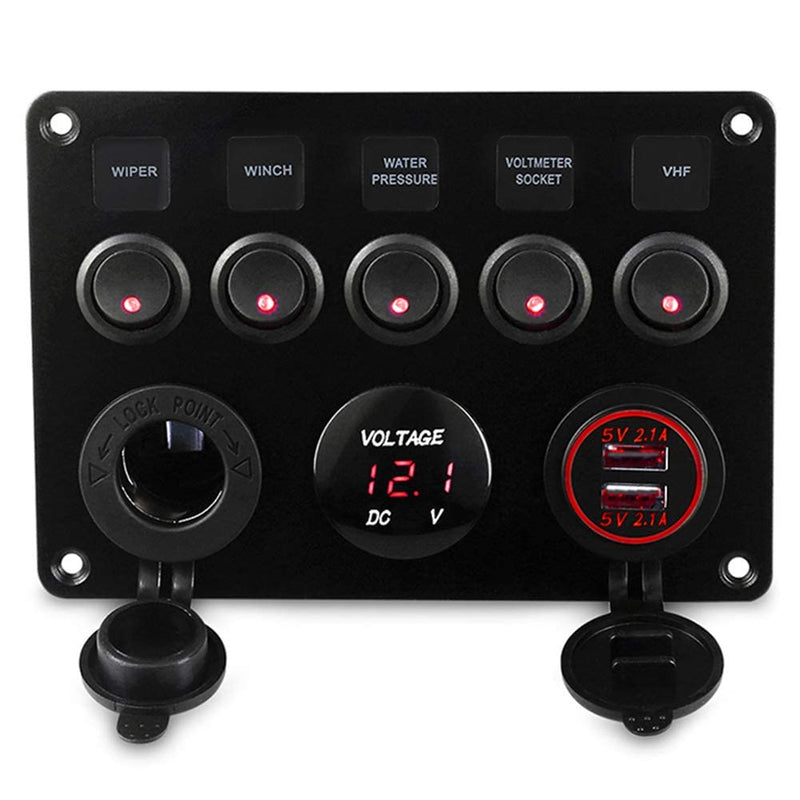 Geloo 5 Gang Schalter Panel, 12V/24V Kippschalter Panel IP65 Wasserdichte LED Voltmeter Dual USB Buc