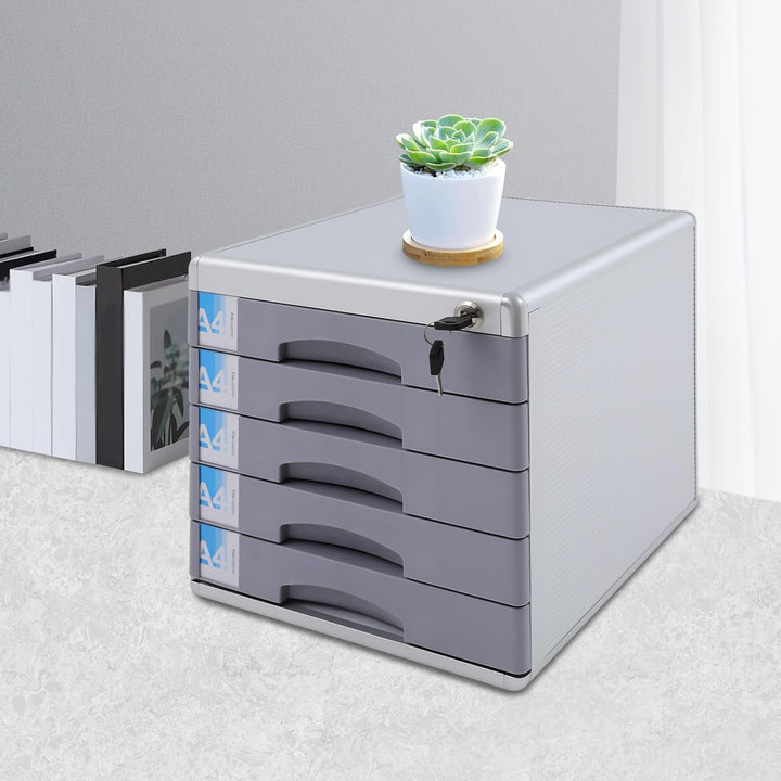 Schubladenbox A4 mit 5 Schubladen für DIN A4+ Dokumente, Organizer Büro, inkl. Auszugsperre + Beschr