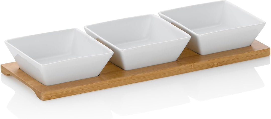 kela Servierschalen Set 4tlg PHILIPA, Porzellan Snackschalen mit Bambus Servierplatte, eckig, Dipsch