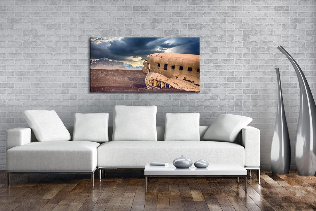 abgestürztes Flugzeug Panorama 120x60 cm als Leinwandbild, Motiv fertig gerahmt auf Echtholzrahmen,