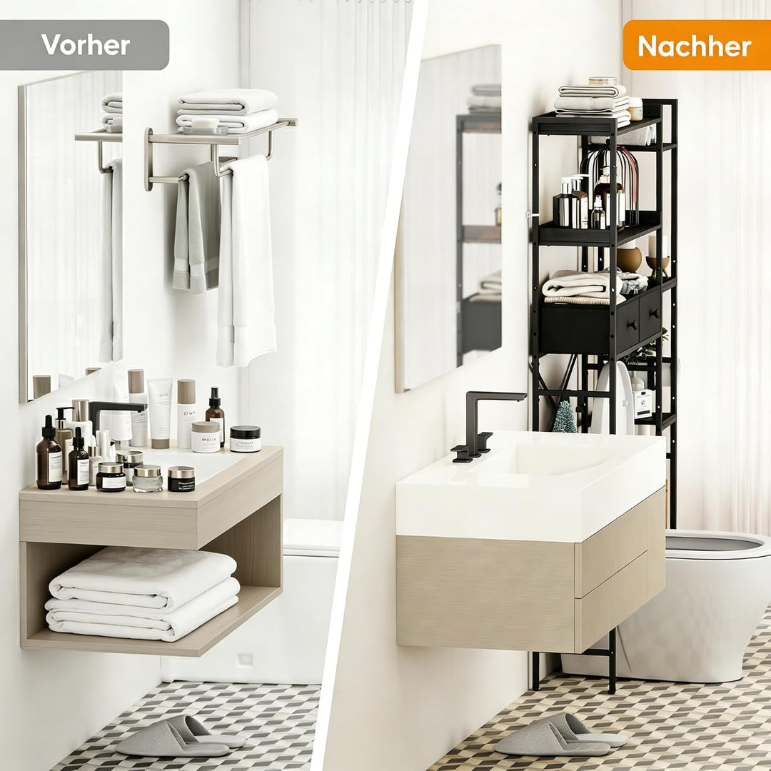 7-Ebenen Toilettenregal Einfache Montage für Badezimmer, Schwarz | Wasserdicht, Rostfrei, Ohne Bohre
