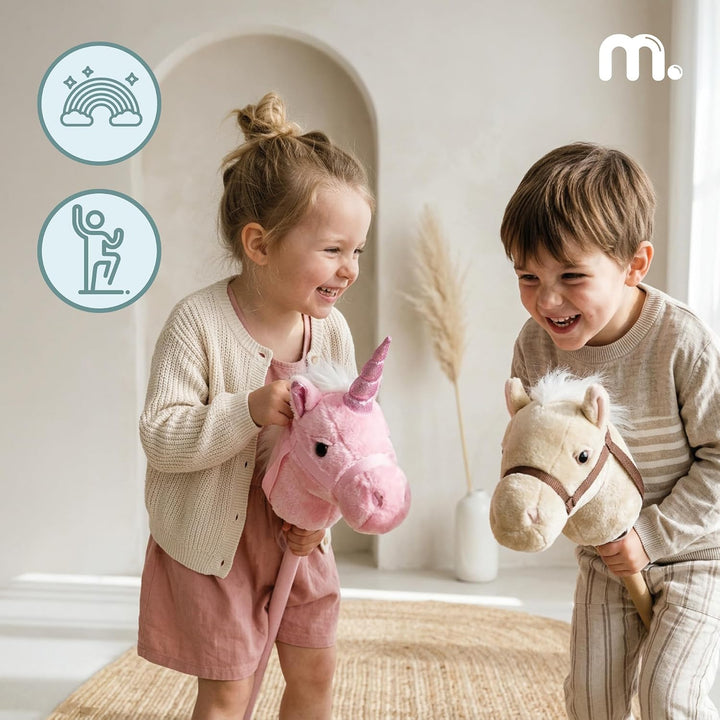 mamabrum Hobby Horse Einhorn Rosa Steckenpferd Kinder 80 cm | Magisches Einhorn mit Glitzerhorn, wei