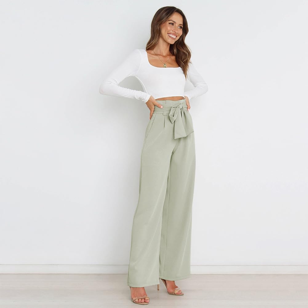 Odizli Damen Elegant High Waist Lang Weite Hose Sommer Business Festlich Anzughose mit Gürtel S Hell