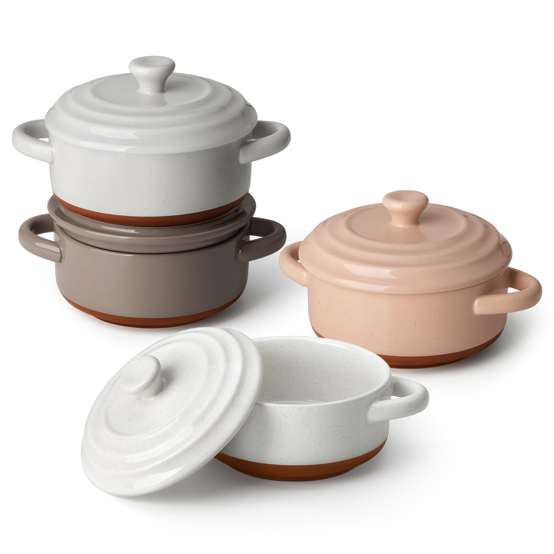 MALACASA Mini Cocotte Set 440 ml, 4 Stück Auflaufform Klein aus Steingut mit Deckel und Griffen, für