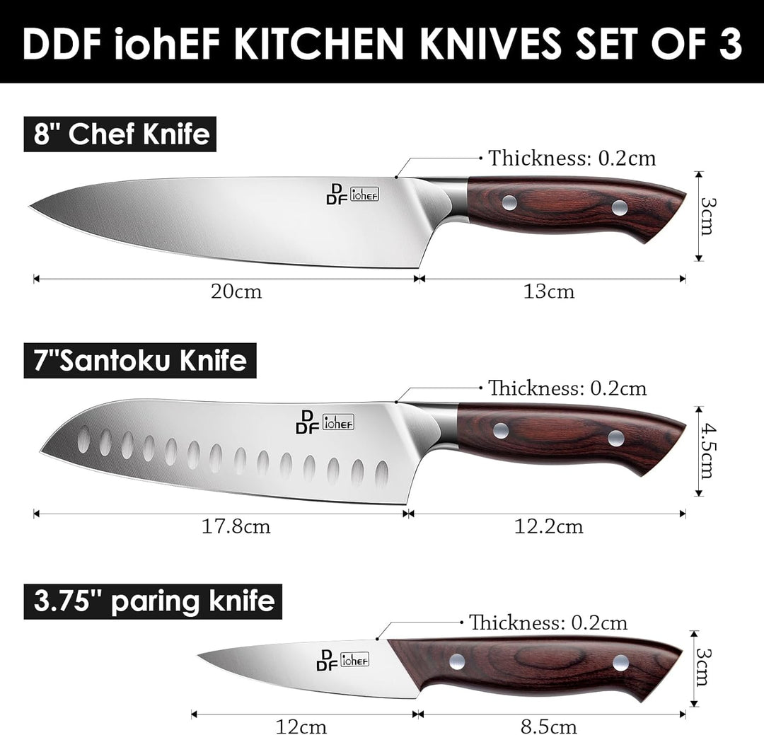 DDF iohEF Küchenmesserset 3 tlg, Messerset Santoku Meser Kochmesser Schälmesser Gemüsemesser Obstmes