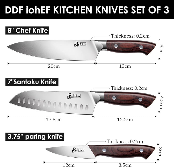 DDF iohEF Küchenmesserset 3 tlg, Messerset Santoku Meser Kochmesser Schälmesser Gemüsemesser Obstmes
