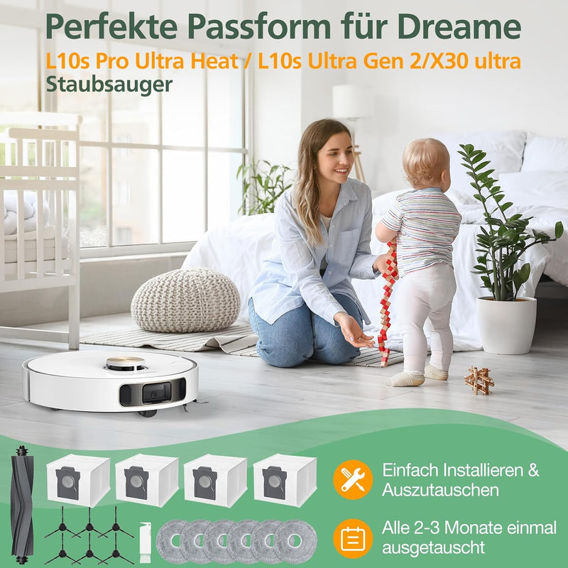 22 Stück Zubehörset für Dreame L10s Pro Ultra Heat / X30 Ultra, 1*Hauptbürste 4*Staubbeutel 6* Wisch