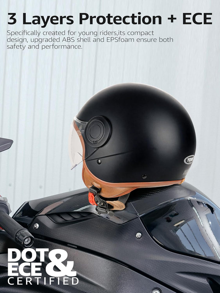 YEMA HELMET Jethelm DW-631 Moped Scooter ECE 3/4 Halbhelm für Herren Damen Schwarz Matt M, Schwarz M