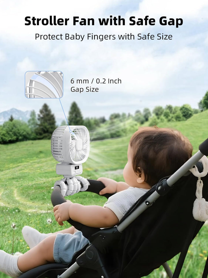Tragbarer Ventilator Kinderwagen mit 10000mAh, 270° Drehung Ventilator Klein mit 3 Geschwindigkeiten