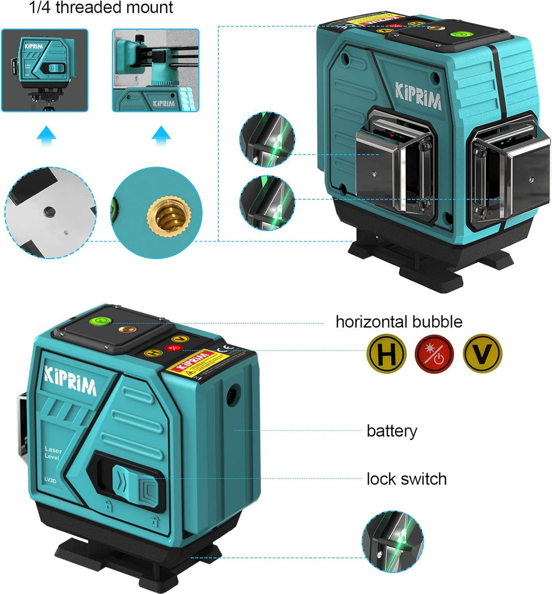 Kiprim 3x360 Professional Linienlaser 12 Linien 40M Grün Selbstnivellierender Kreuzlaser mit 3 Modi,