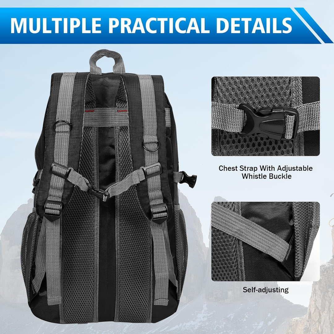 Zorplex Leicht Wanderrucksack, 40L Packable Wasserdichter Rucksack mit atmungsaktivem 3D Air Mesh Po