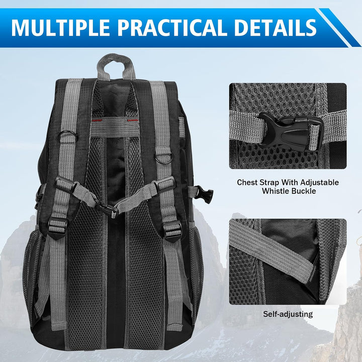 Zorplex Leicht Wanderrucksack, 40L Packable Wasserdichter Rucksack mit atmungsaktivem 3D Air Mesh Po