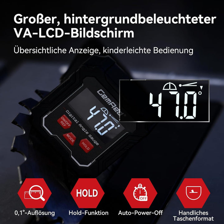 GemRed Digitaler Winkelmesser mit VA-LCD-Display, Neigungsmesser digitale Wasserwaage mit Magnetfuss