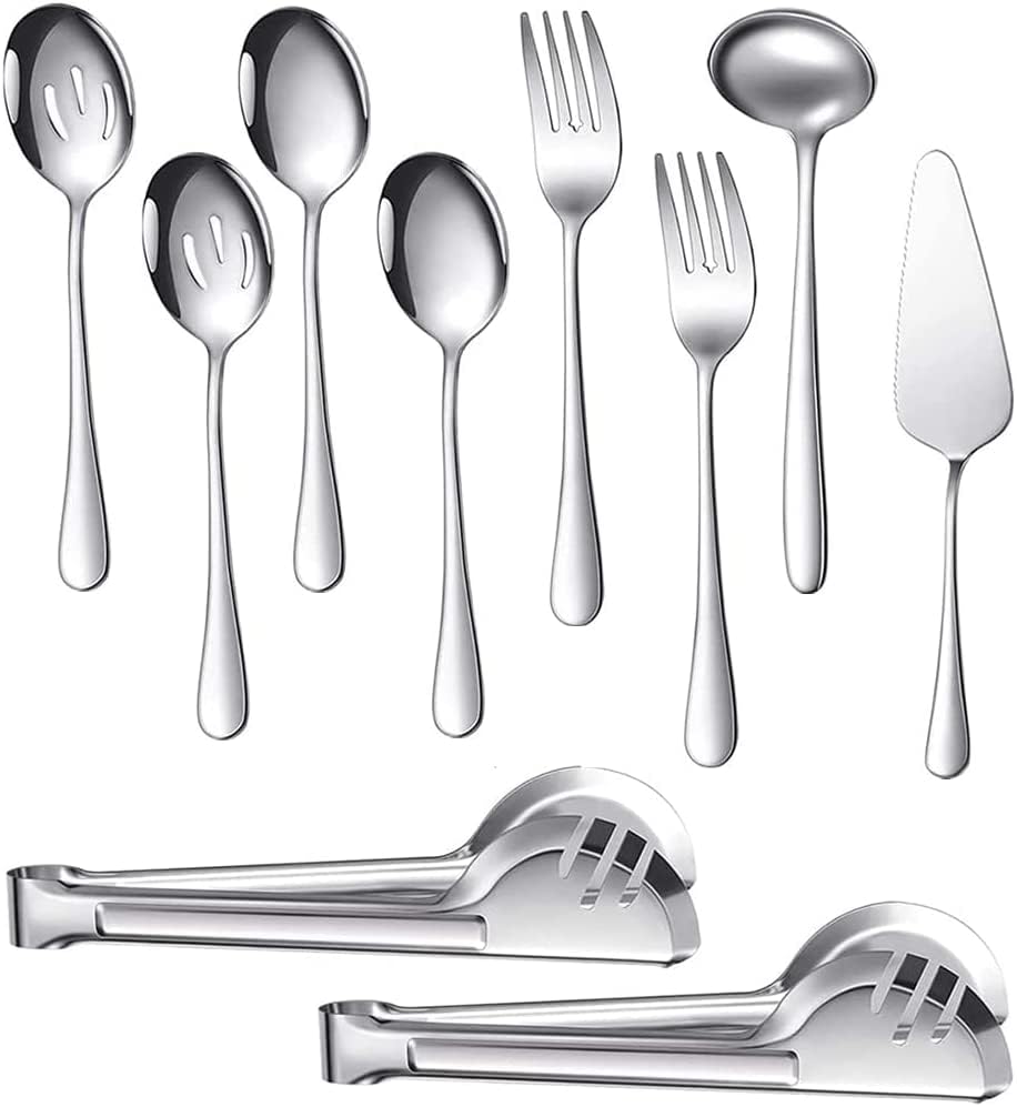10 Stück Grosses Silber Servierutensilien-Set, Edelstahl-Servierutensilien-Set mit grossen Servierlö