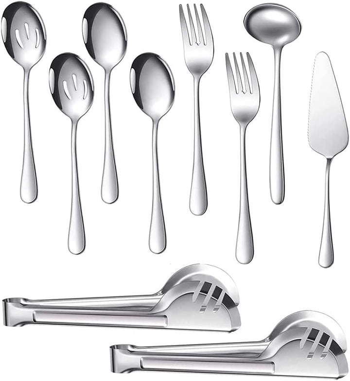 10 Stück Grosses Silber Servierutensilien-Set, Edelstahl-Servierutensilien-Set mit grossen Servierlö