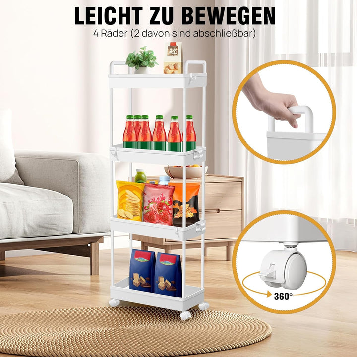 4-Tier Servierwagen mit Rollen, Küchenwagen aus Metall mit Bremsen, Mobiler Allzweckwagen für Wohnzi