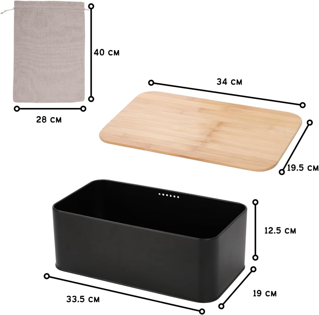 Brotkästen Metall mit Bambusdeckel – Moderne Brotbox Küche – Brot aufbewahren Inkl. Baumwollbeutel –