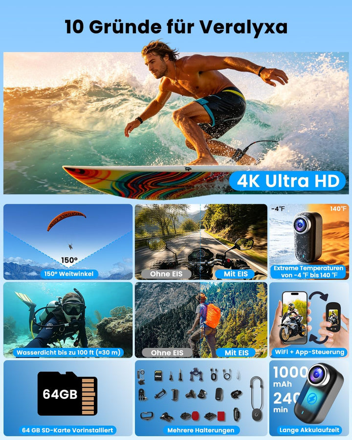 Bodycam, Mini Action Cam 4K mit Display, Wasserdicht WiFi Bodycam Körperkamera Mini mit 64GB Karte,