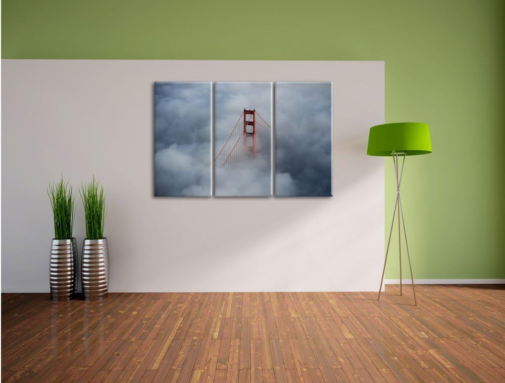 Pixxprint Golden Gate Bridge über den Wolken / 3-Teilig/Gesamtmass 120cm Leinwandbild bespannt auf H