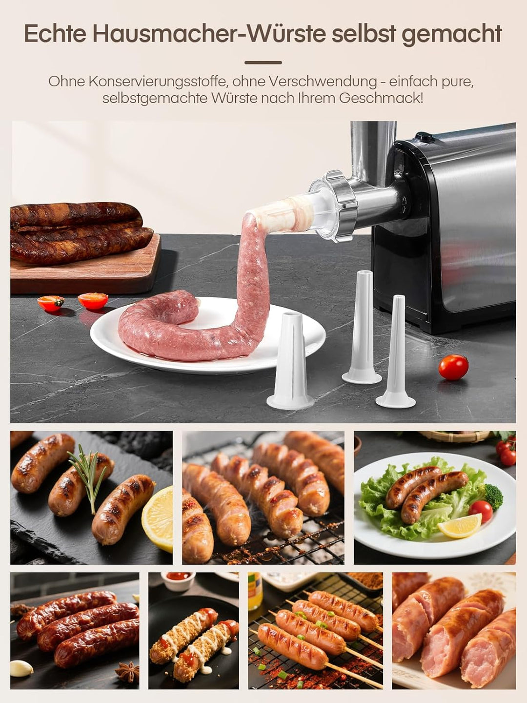 Fleischwolf Elektrisch, 3 in 1 Elektrischer Fleischwolf mit Wurstfüller, 3 Edelstahl-Schleifplatten,