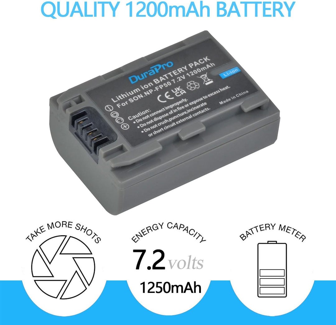DuraPro 2Pcs NP-FP50 Battery + LCD Dual USB Charger for Sony NP-FP50 NP-FP30 DCR-DVD203E, DCR-DVD205