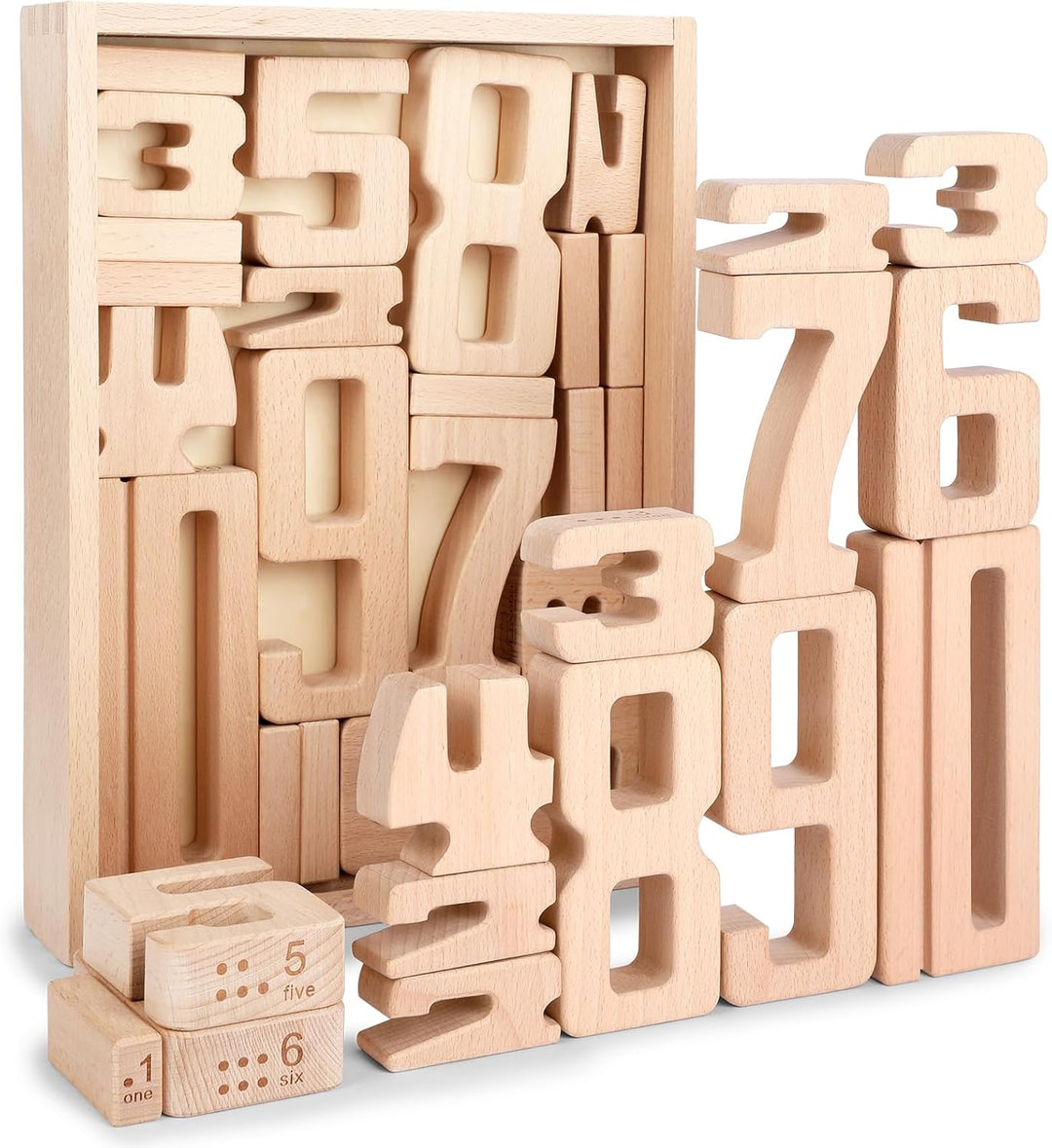 Holz Zahlbausteine, Grosse Ziffernblöcke 1-10, 32 Stück Mathebausteine Zahlenspiele für Kinder, Bild